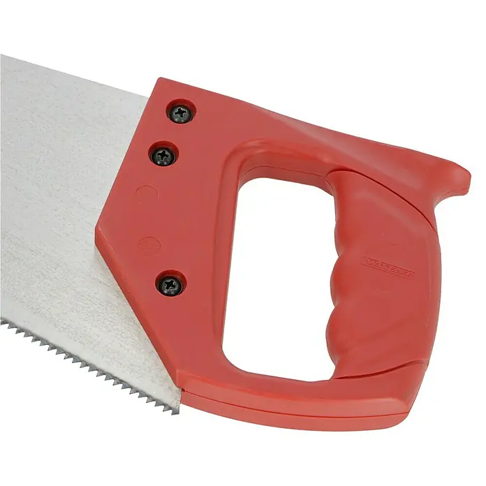 Wisent Handsäge Fuchsschwanz - Blattlänge: 450 mm, Verzahnung: 2,8 mm - Nahaufnahme einer Handsäge mit rotem Griff, die Details der Sägezähne und der Schrauben zeigt.