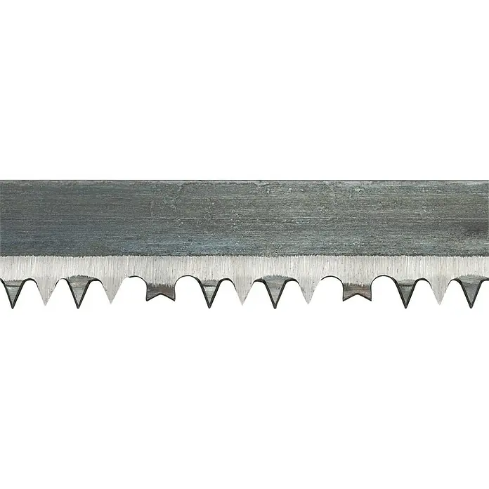 Wisent Profi-Top Komfort-Bügelsäge - Blattlänge: 530 mm, Feuchtes Holz - Nahaufnahme einer Metallsäge mit scharfen Zähnen, die für präzise Schnitte in verschiedenen Materialien ausgelegt ist.