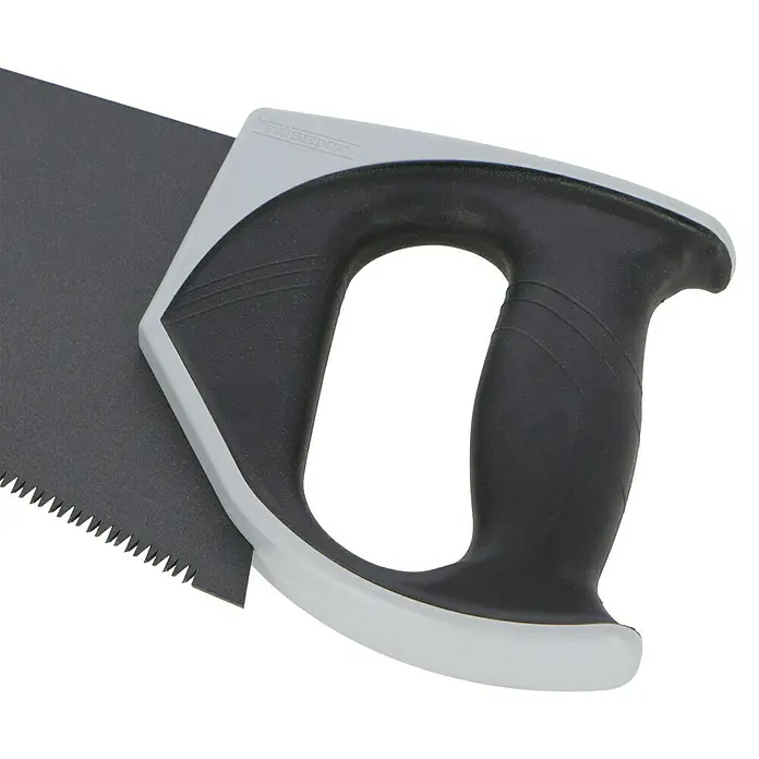 Wisent Profi-Top Sierra de mano - Largo: 550 mm, Material compuesto - Primer plano de una sierra de mano con mango gris y hoja afilada, ideal para carpintería.