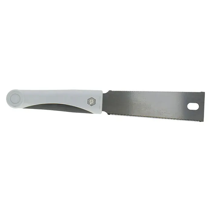 Wisent Komfort-Japansäge Mini-Ryoba - Blattlänge: 150 mm, Material Griff: 2K-Griff - Nahaufnahme eines Klappsägemessers mit Metallsägeblatt und weißem Griff.