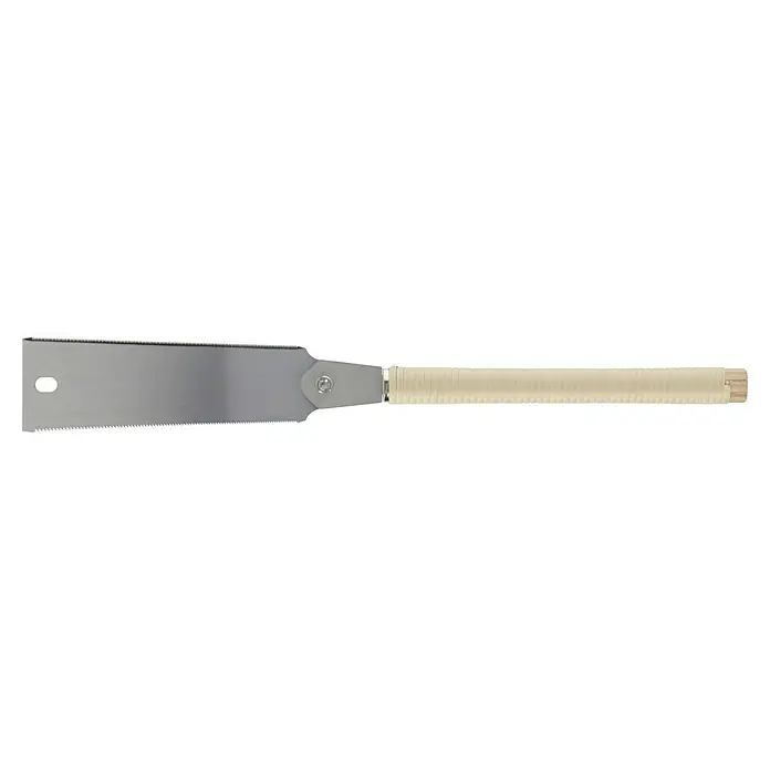 Wisent Japansäge Ryoba - Blattlänge: 250 mm - Nahaufnahme einer faltbaren japanischen Zugsäge mit scharfem Blatt und umwickeltem Griff, ideal für präzise Holzarbeiten.