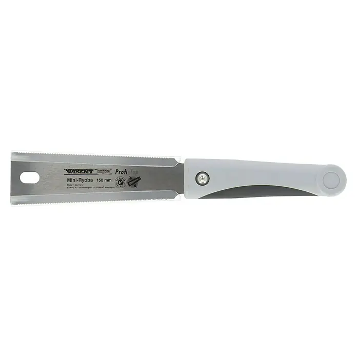 Wisent Sierra de tracción Mini-Ryoba - Acero - Imagen de una sierra Mini-Ryoba con mango, diseñada para trabajos de madera precisos. La hoja de sierra mide 150 mm de largo.