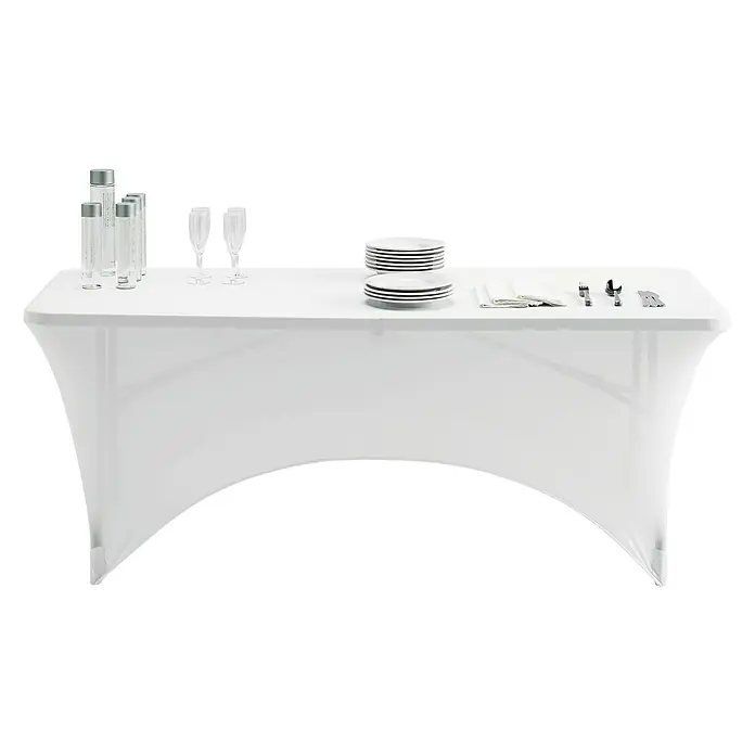 Funda protectora para mesa de jardín - Blanco, Plástico, L x An: 183 x 76 cm - Presentación elegante con mantel blanco, vasos, platos y cubiertos. Perfecto para eventos y celebraciones con estilo.