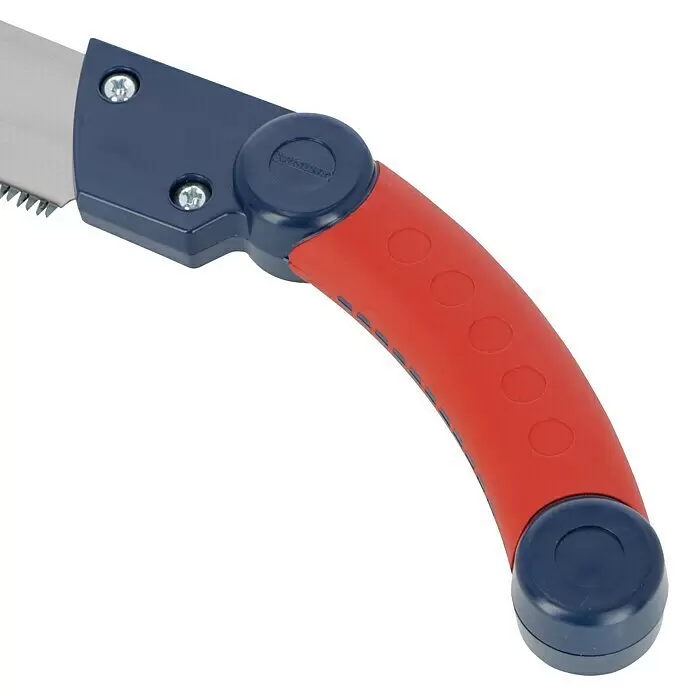 Wisent Profi-Top Gartenallzwecksäge - Blattlänge: 350 mm - Eine rot-dunkelblaue Klappsäge mit silbernem Sägeblatt. Der ergonomische Griff hat runde Vertiefungen.