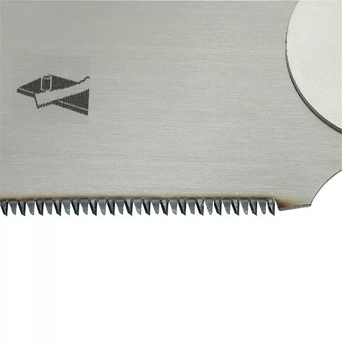 Wisent Japansäge Ryoba - Blattlänge: 250 mm, Material Griff: 2K-Griff - Metallsägeblatt mit feinen Zähnen, einem geätzten Logo und einem teilweisen runden Ausschnitt.