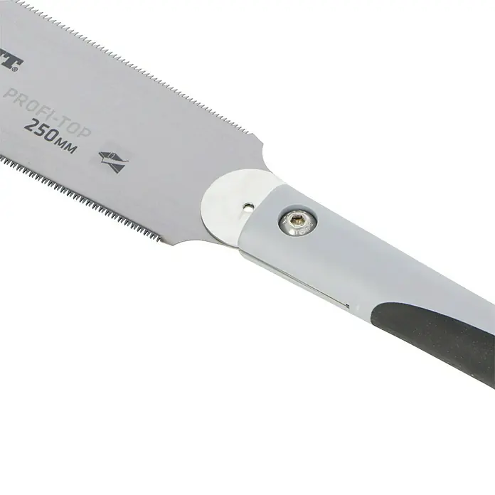 Wisent Japansäge Ryoba - Blattlänge: 250 mm, Material Griff: 2K-Griff - Nahaufnahme einer Profi-Top 250mm Säge mit feinen Zähnen und grauem Griff. Ideal für präzise Schnitte in verschiedenen Materialien.