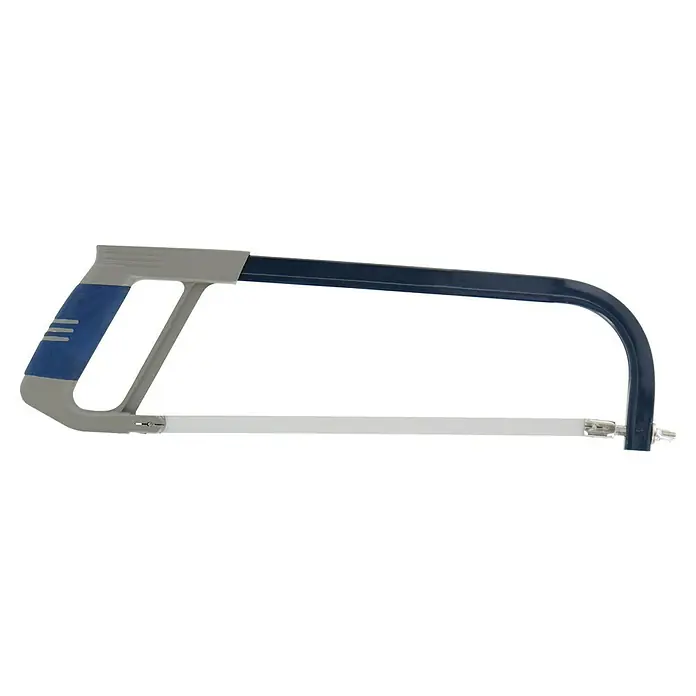 Wisent Profi Metallsäge - Blattlänge: 300 mm, Metall - Nahaufnahme einer Metallsäge mit grauem Griff und blauem Akzent, die ein scharfes Sägeblatt für präzise Schnitte zeigt.