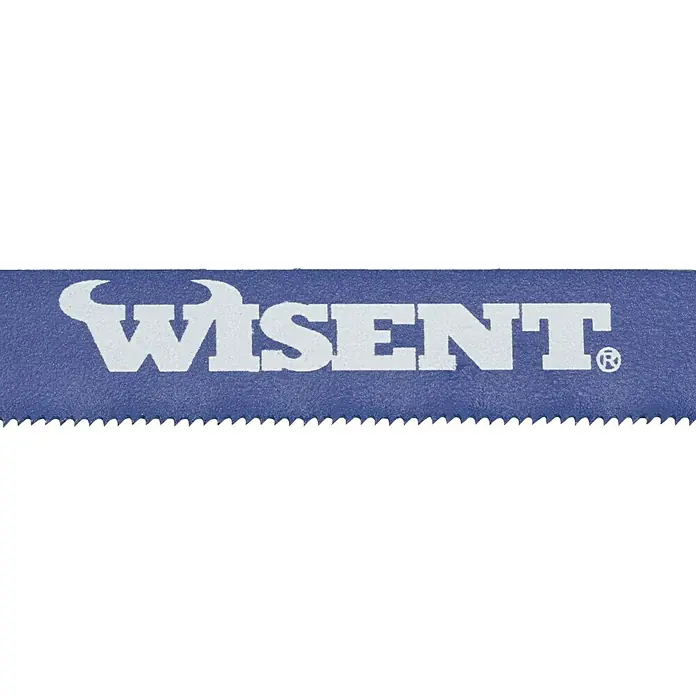 Wisent Komfort-Metallsäge - 300 mm, Material Sägeblatt: Bi-Metall - Nahaufnahme eines blauen Wisent-Sägeblatts mit weißen Buchstaben und scharfen Zähnen.