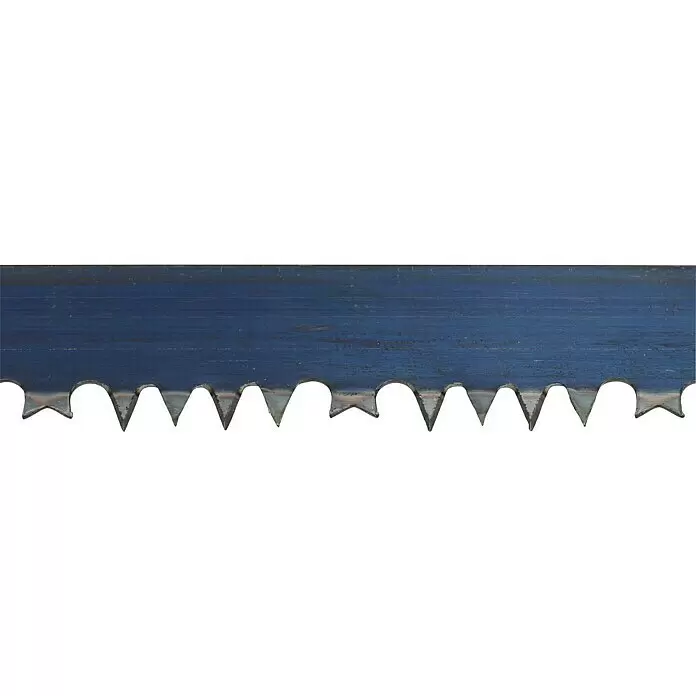 Wisent Profi Bügelsäge - Blattlänge: 300 mm, Holz/Metall - Eine Nahaufnahme eines blau-grauen Metallsägeblattsegments mit verschiedenen scharfen und abgerundeten Zähnen.