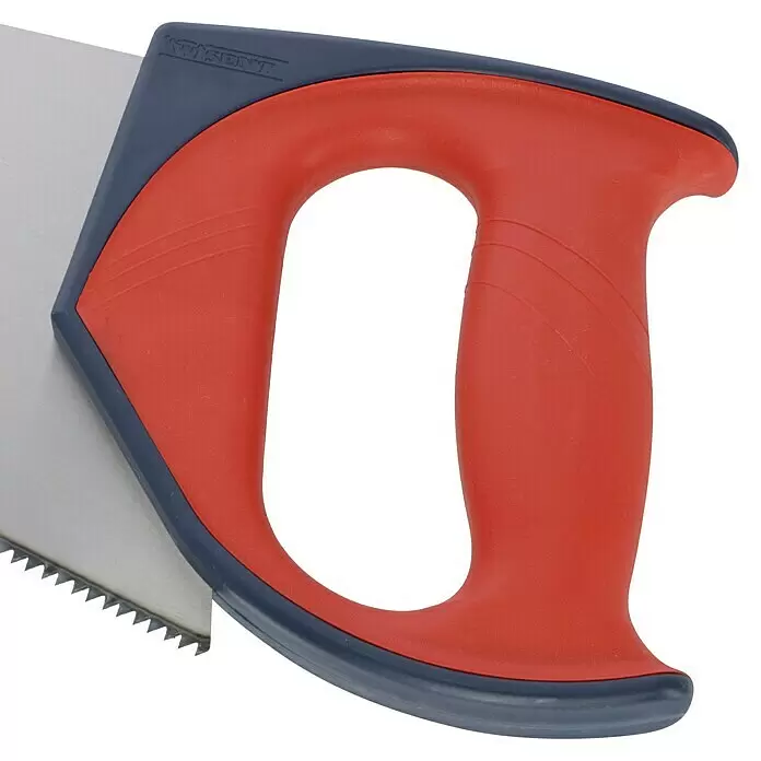Wisent Profi Handsäge Fuchsschwanz - Blattlänge: 450 mm, Spanplatten - Roter und dunkelgrauer Handsägegriff mit teilweise sichtbarem Metallblatt.