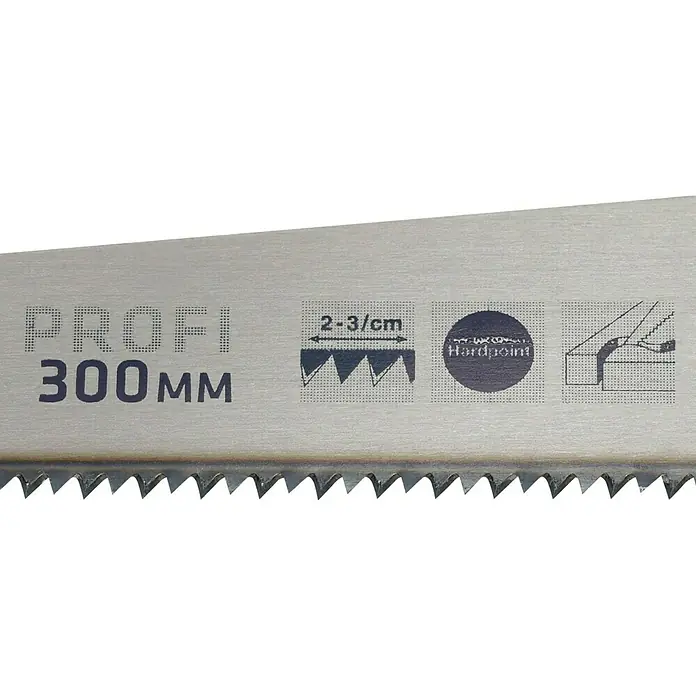 Wisent Loch- & Stichsäge - Blattlänge: 300 mm, Holz - Nahaufnahme eines "Profi 300MM" Sägeblatts mit Details zu Zahnteilung, gehärteter Spitze und Anwendungsbereich.