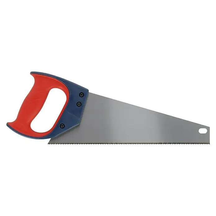 Wisent Profi Handsäge Multi-Toolbox - Blattlänge: 350 mm, Bauholz - Nahaufnahme einer Handsäge mit rotem Griff und scharfen Zähnen für präzise Holzarbeiten.