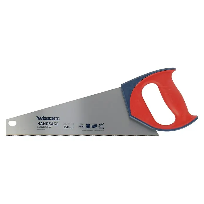Wisent Profi Handsäge Multi-Toolbox - Blattlänge: 350 mm, Bauholz - Nahaufnahme einer Handsäge "Wisent Profi 350MM" mit grauem Sägeblatt und rot-blauem Griff, ideal für präzise Holzarbeiten.