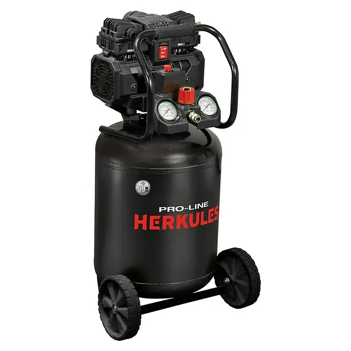 Herkules Pro-Line Flüsterkompressor TB 50V - 1.100 W, 50 l - Abbildung eines schwarzen Pro-Line Herkules Luftkompressors, tragbar, mit Rädern und Manometern zur Druckmessung.
