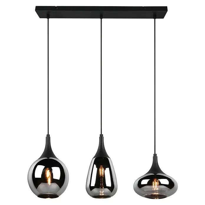Trio Leuchten Pendelleuchte Lumina - 120 W, L x B x H: 19,5 x 68,8 x 150 cm, Schwarz-matt, E14 - Moderne Pendelleuchte mit drei rauchfarbenen Glaslampenschirmen und schwarzer Aufhängung für stilvolle Beleuchtung.