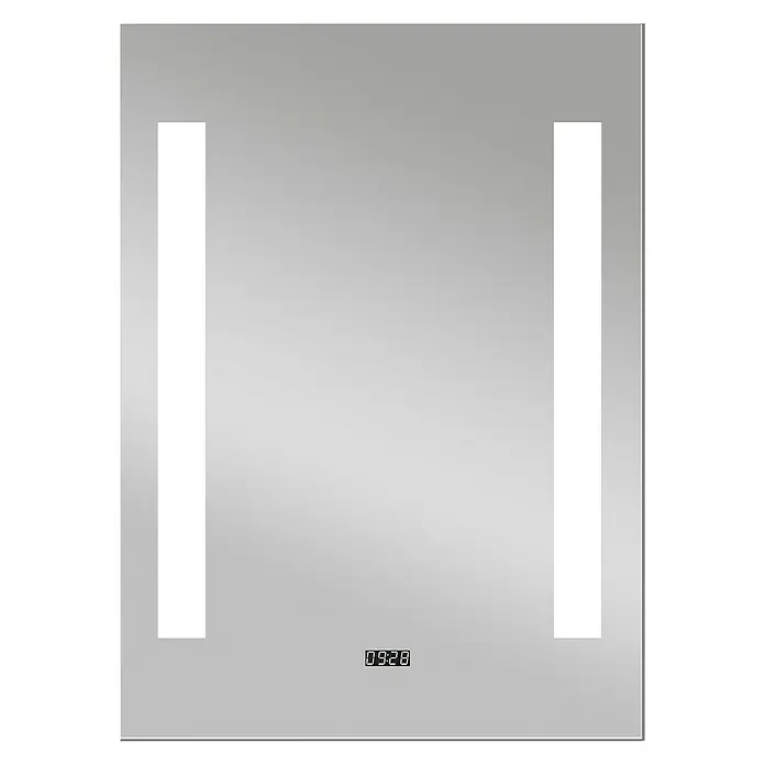 DSK LED-Lichtspiegel Chrystal Creek - 50 x 70 cm, Eingebaute Digitaluhr - Ein moderner, rechteckiger Spiegel mit integrierten LED-Lichtern und einer digitalen Uhranzeige.