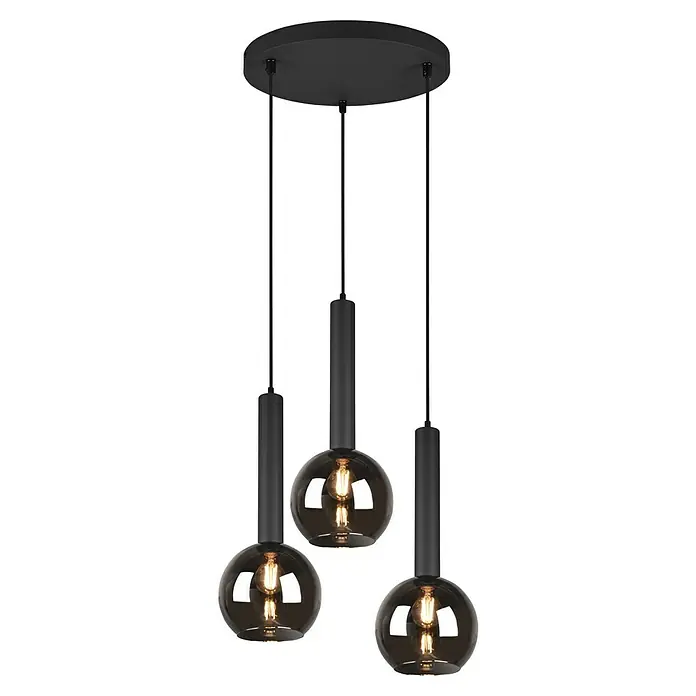 Trio Leuchten Pendelleuchte Clayton - 3 Stk., 84 W, Schwarz-matt, E27 - Die elegante Pendelleuchte mit drei grauen Glasschirmen und schwarzen Details sorgt für stimmungsvolle Beleuchtung.