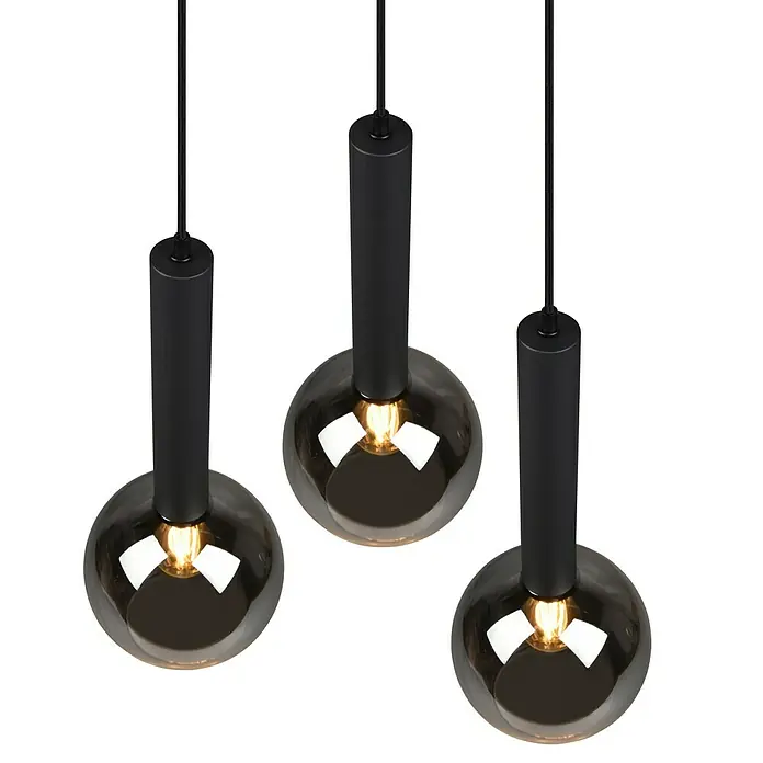 Trio Leuchten Pendelleuchte Clayton - 3 Stk., 84 W, Schwarz-matt, E27 - Drei moderne Pendelleuchten mit rauchfarbenen Glaskugeln und schwarzen Aufhängungen.