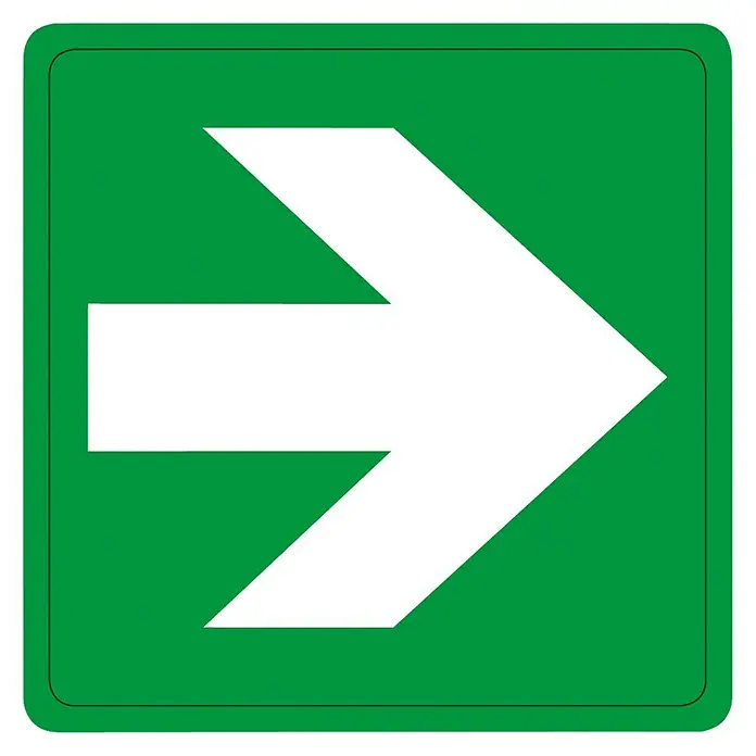 Pickup Aufkleber - L x B: 7,5 x 7,5 cm, Pfeil rechts - Grünes Fluchtwegschild mit einem weißen Pfeil nach rechts, um den Notausgang oder die Sicherheitsrichtung anzuzeigen.