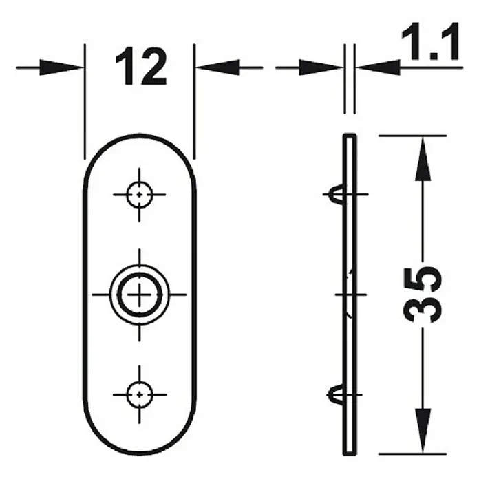 Suki Cierre magnético - Fuerza de adherencia: 2 kg, L x An x Al: 35 x 15 x 1,11 mm - Dibujo técnico de una placa de montaje ovalada con dimensiones de 35 x 12 x 1,1 mm para fijar muebles y otras aplicaciones.
