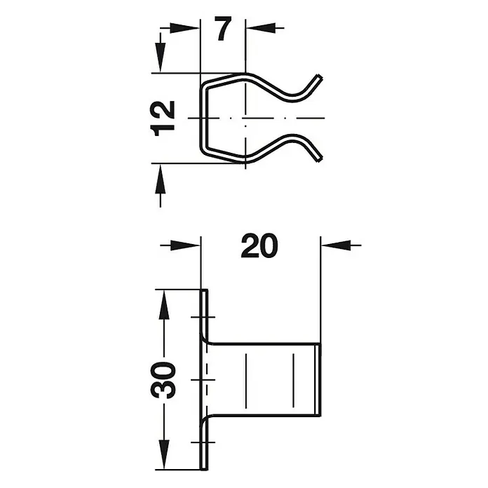 Suki Cierre de golpete - L x An x Al: 30 x 12 x 20 mm, Acero, Zincado - Dibujo técnico de un resorte para muebles con dimensiones para el montaje y el diseño, ideal para la construcción de muebles.