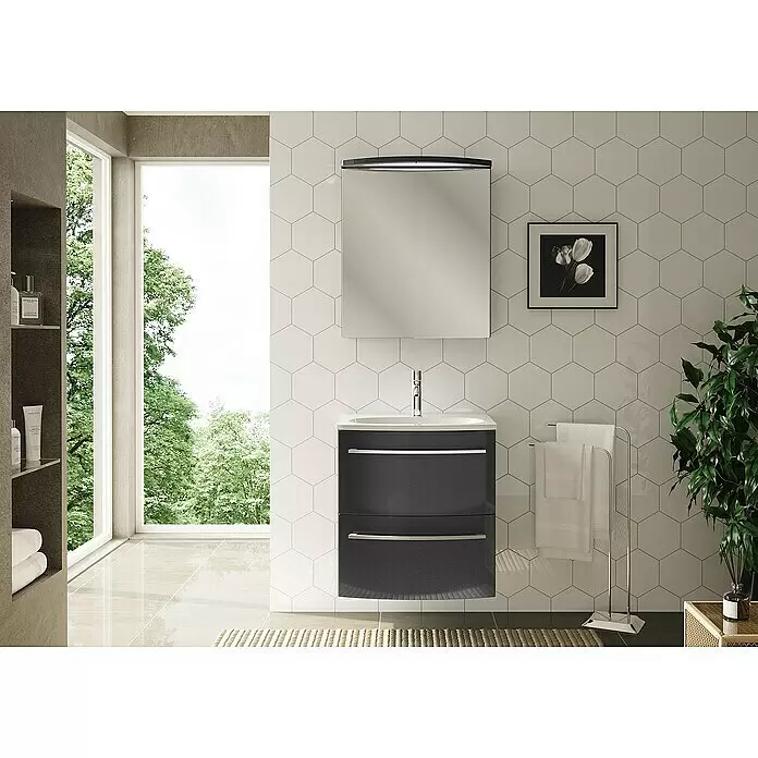 Camargue Swing LED-Spiegelschrank - B x H: 60 x 70,5 cm, Mit Beleuchtung, DIN Anschlag: Rechts, Grafit, Glas - Stimmungsaufnahme