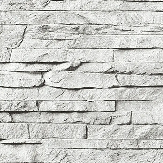 Grosfillex Panel de pared Element 3D Paramento blanco - L x An: 260 x 37,5 cm - Primer plano de un revestimiento de pared hecho con paneles de piedra artificial blanca en disposición horizontal, combinando estética rústica y moderna.