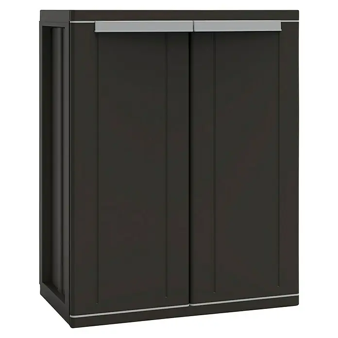 Terry JLine Armario multiusos de plástico  Alto + Bajo Black - Negro, Plástico - Aquí hay un moderno gabinete marrón con dos puertas correderas y manijas plateadas, que ofrece almacenamiento y estilo.