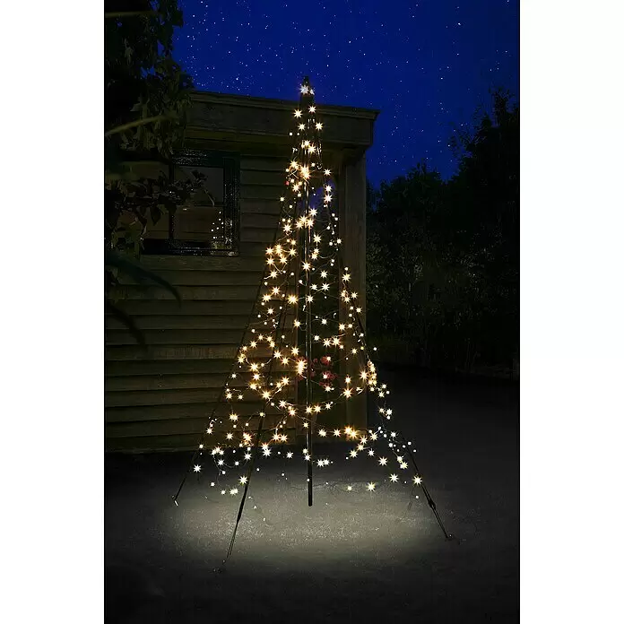 LED-Weihnachtsbaum - Außen, 2 m, 300 Stk., Lichtfarbe: Warmweiß, Netzbetrieben - Konischer Lichterbaum für den Außenbereich mit warmweißen sternförmigen LEDs, nachts für festliche Beleuchtung aufgestellt.