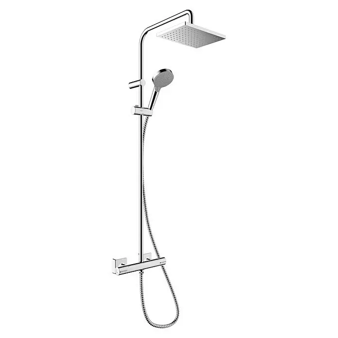 Hansgrohe Vernis Shape Sistema de ducha 200 - Caudal de agua: 15,2 l/min, Válvula de conmutación de 2 vías, Cromo - Sistema de ducha cromado pulido con rociador cuadrado, ducha de mano, barra de ducha y mezclador termostático.