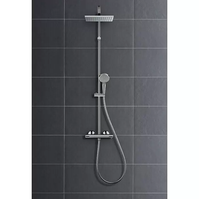 Hansgrohe Vernis Shape Sistema de ducha 200 - Caudal de agua: 15,2 l/min, Válvula de conmutación de 2 vías, Cromo - Sistema de ducha cromado con rociador de lluvia cuadrado, ducha de mano ajustable y grifos termostáticos.