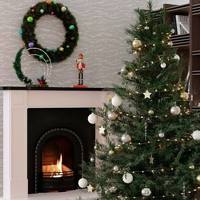 Weihnachtskugeln - Just White, Glas, Durchmesser: 8 cm, 12 Stk. - Ein gemütliches Wohnzimmer, weihnachtlich geschmückt mit einem beleuchteten Baum, Kamin und festlicher Kaminsimsdekoration.