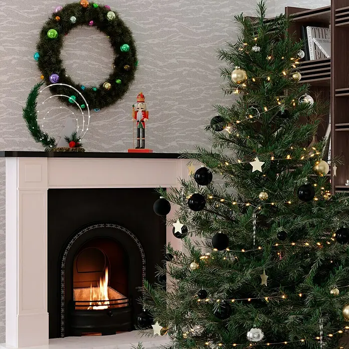 Weihnachtskugeln - Ebony Black, Glas, Durchmesser: 8 cm, 12 Stk. - Festliche Szene mit geschmücktem Weihnachtsbaum, Kamin mit brennendem Feuer und traditionellem Nussknacker, die eine warme Weihnachtsatmosphäre schaffen.
