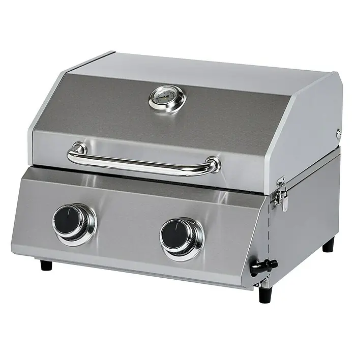 Grillstar Barbacoa de gas de mesa Atlanta 200 T - Superficie de la parrilla (An x Pr): 40 x 33 cm, 4,4 kW, Número de quemadores: 2 - Primer plano de una parrilla de gas plateada con termómetro y dos mandos para el control de la temperatura.