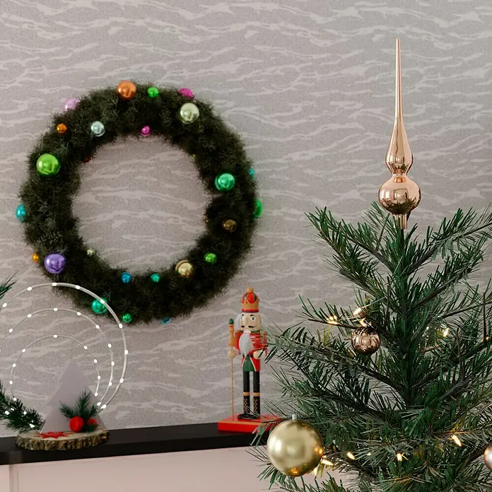 Christbaumspitze - Länge: 6,2 cm, Steinbock Glanz - Festlicher Weihnachtsschmuck mit Tannenkranz, Nussknacker und einem geschmückten Tannenbaum, der eine festliche Stimmung verbreitet.