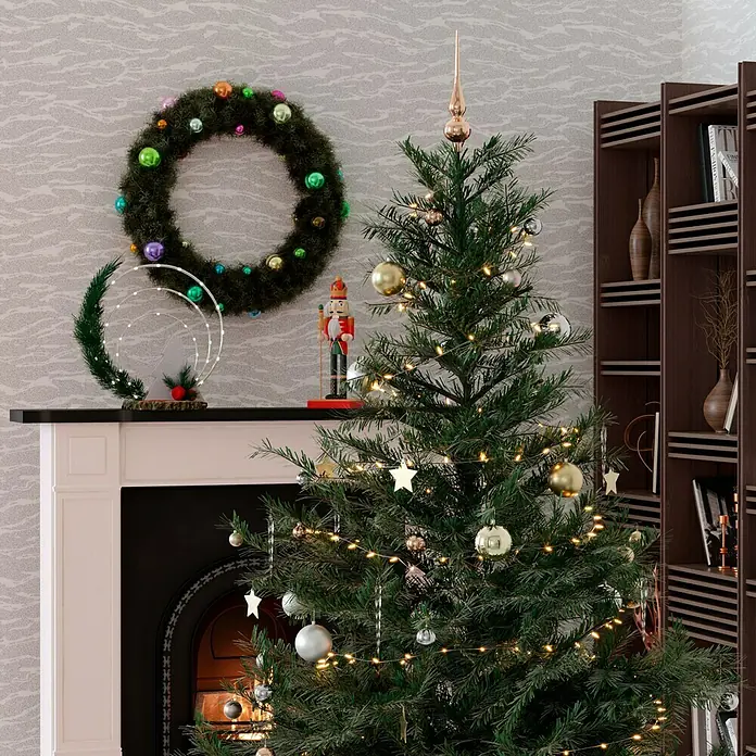 Christbaumspitze - Länge: 6,2 cm, Steinbock Glanz - Festlicher Weihnachtsbaum mit Ornamenten, Lichtern und Baumspitze neben einem dekorierten Kamin.