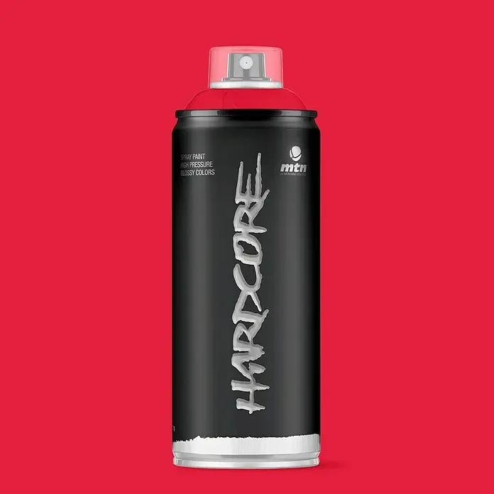 mtn Pintura decorativa en spray Hardcore - Rojo, Brillante, 400 ml - Spray "Hardcore" de Montana Colors. Envase negro con tapa roja, ideal para grafiti y arte urbano, ofrece colores vibrantes y opacos.