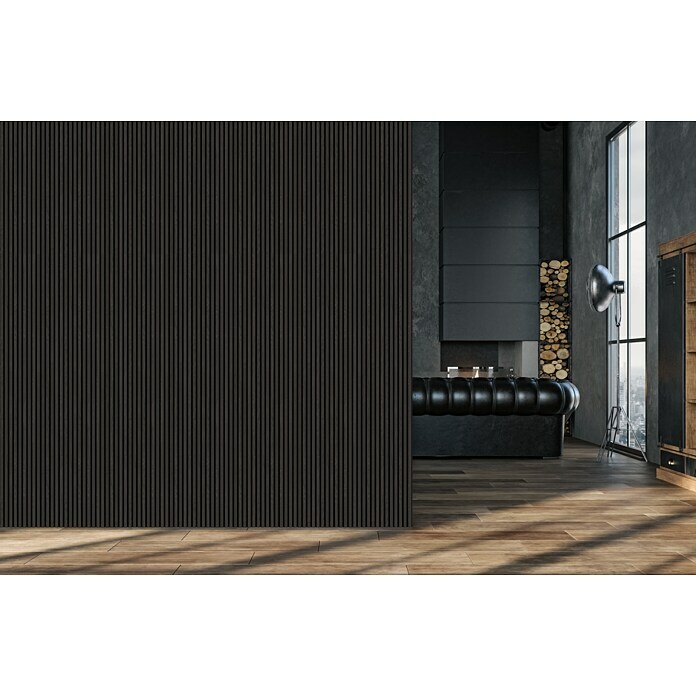 FibroTech Akustikpaneel BasicBlack Oak, 2.440 x 605 x 22 mm, 1 Paneel Mood Shot