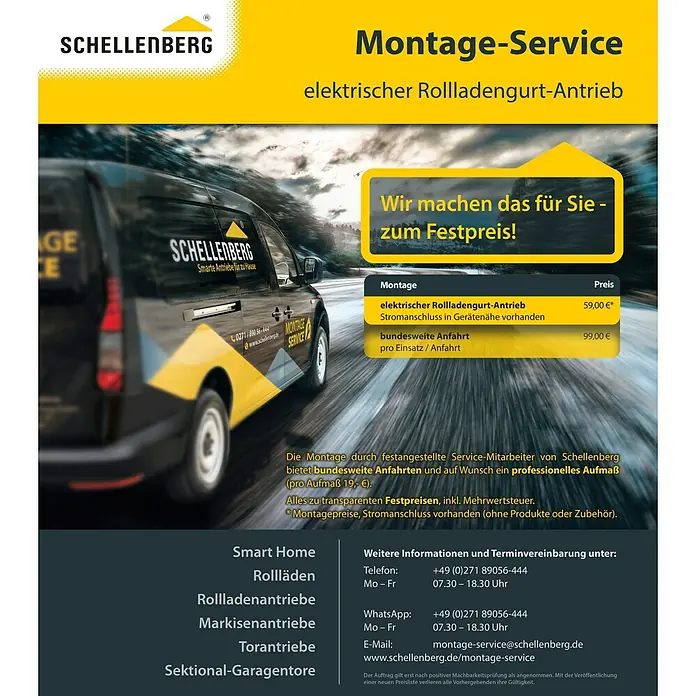 Schellenberg Rollladen-Gurtwickler Rollo Drive 65 Plus - Zugkraft: 45 kg, Gurtbreite: 23 mm, Unterputz - Anzeige für Schellenberg Montage-Service mit elektrischem Rollladengurt-Antrieb und Preisen für Montage und bundesweite Anfahrt.