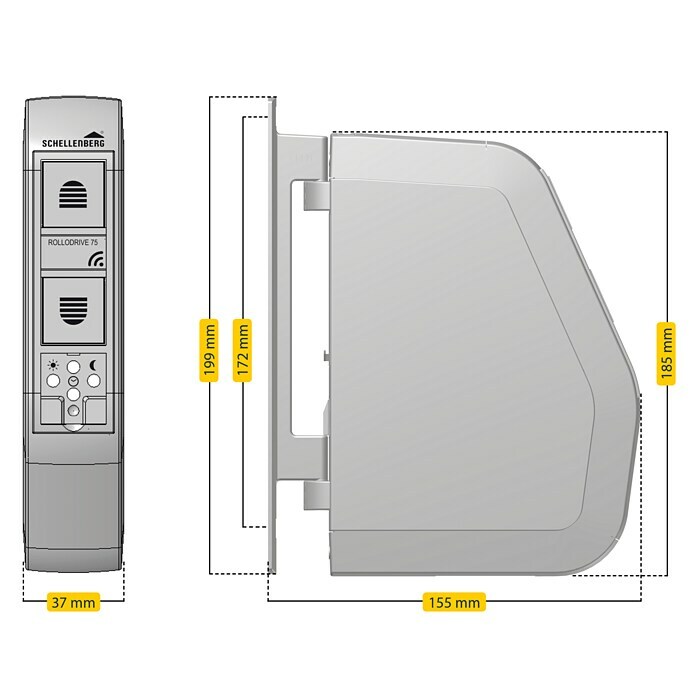 Schellenberg Funk-Rollladen-Gurtwickler Rollo Drive 75 PremiumL x B x H: 155 x 37 x 199 mm, Gurtbreite: 14 mm - 15 mm, Zugkraft: 30 kg, Unterstützte Systeme: Abus Smart Friends System Sketch