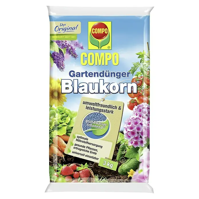 Compo Universaldünger Blaukorn - 3 kg - Abbildung einer Packung Compo Blaukorn Gartendünger, ein umweltfreundlicher und leistungsstarker Gartendünger.