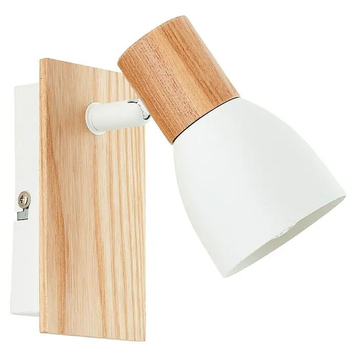 Brilliant Daintree Wandstrahler - 28 W, Weiß/Natur, E14, 1 Stk. - Diese Nahaufnahme zeigt eine moderne Wandlampe mit Holzbasis und weißem Lampenschirm vor einem schwarzen Hintergrund.
