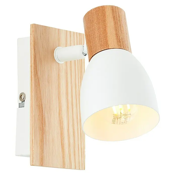 Brilliant Daintree Wandstrahler - 28 W, Weiß/Natur, E14, 1 Stk. - Moderne Wandleuchte mit Holzelementen und weißem Lampenschirm. Ideal für eine stilvolle Beleuchtung im Innenbereich.
