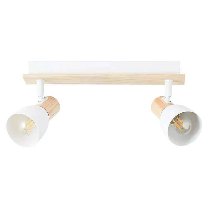 Brilliant Daintree Wandstrahler - 28 W, Weiß/Natur, E14, 2 Stk. - Nahaufnahme einer weißen LED-Deckenleuchte mit Holzakzenten, die ein warmes und modernes Lichtdesign zeigt.