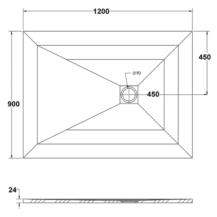 Ottofond Duschwanne Rosario - L x B: 120 x 90 cm, Anthrazit - Draufsicht und Seitenansicht einer rechteckigen Duschwanne mit den Maßen 1200x900x24mm und einem Durchmesser des Abflusses von 90mm.