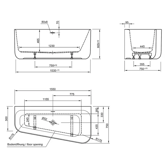 Ottofond Raumsparbadewanne Debby - 155 x 75 cm, Sanitäracryl, Weiß, Links, Mit Ablaufgarnitur und Wannenrandarmatur - Technische Zeichnung einer Badewanne mit Maßen, die die Größe und Form der Wanne zeigen.\n