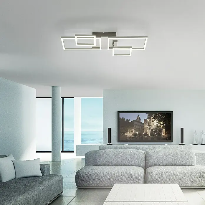 Just Light Plafón LED Iven - 35 W, L x An x Al: 33,8 x 65 x 7,5 cm, Níquel, Blanco, Blanco cálido - Salón moderno con una llamativa lámpara de techo LED cuadrada como punto focal central.