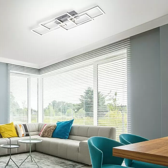 Just Light LED-Deckenleuchte Iven - 38 W, L x B x H: 34,5 x 70 x 9,5 cm, Stahl, Warmweiß - Moderne silberne LED-Deckenleuchte mit rechteckigen Rahmen in einem Wohnraum.