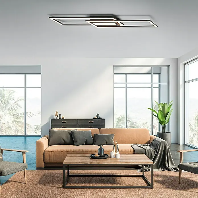Just Light Plafón LED Asmin - 45 W, L x An x Al: 17,9 x 100 x 5 cm, Negro, Blanco, Blanco cálido - Vista moderna de la sala de estar con sofá marrón, mesa de centro y una llamativa lámpara de techo rectangular que complementa el interior.