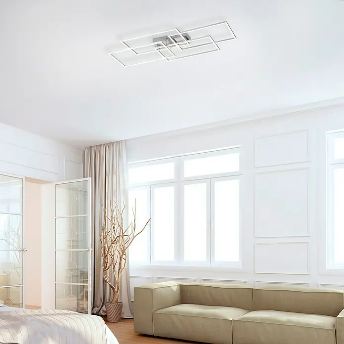 Just Light Plafón LED Iven - 48 W, L x An x Al: 51,5 x 95 x 9 cm, Níquel, Blanco, Blanco cálido - Iluminación moderna para sala de estar: Elegante lámpara de techo LED con diseño geométrico, que aporta luminosidad y estilo moderno a tu hogar.